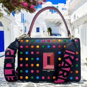 Karl Lagerfeld Paris Simone Leather Crossbody Multi Color Dots Purse Handbag NWT